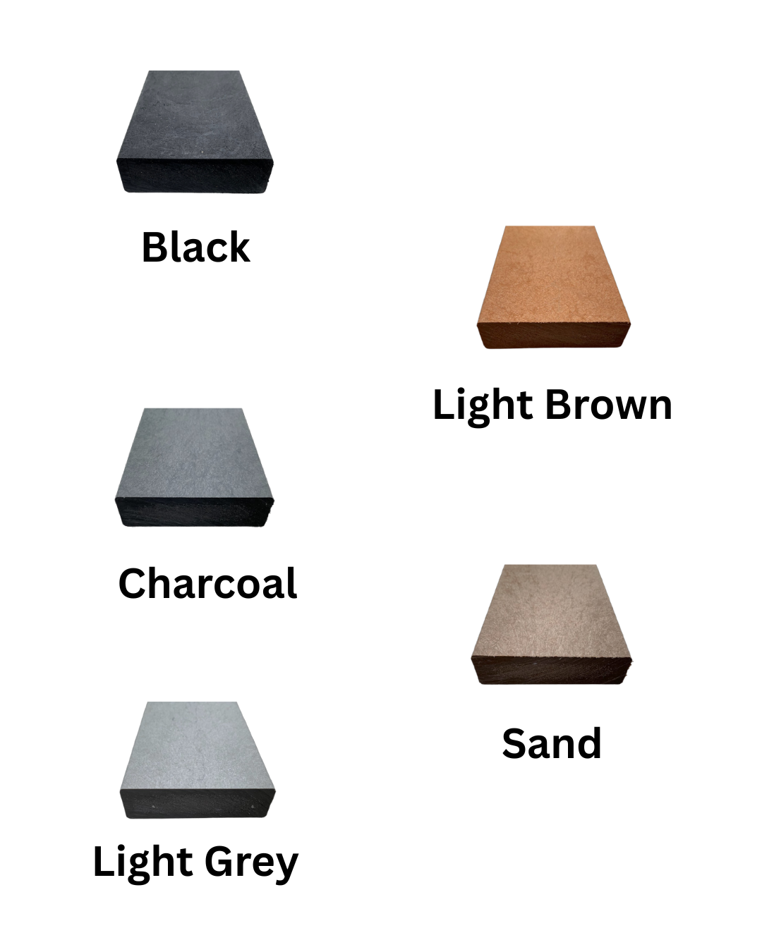 Five color swatches labeled Black, Light Brown, Charcoal, Sand, and Light Grey on a white background.