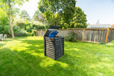 Critter-proof single garbage bin shed built with sustainable composite plastic and a reinforced aluminum frame