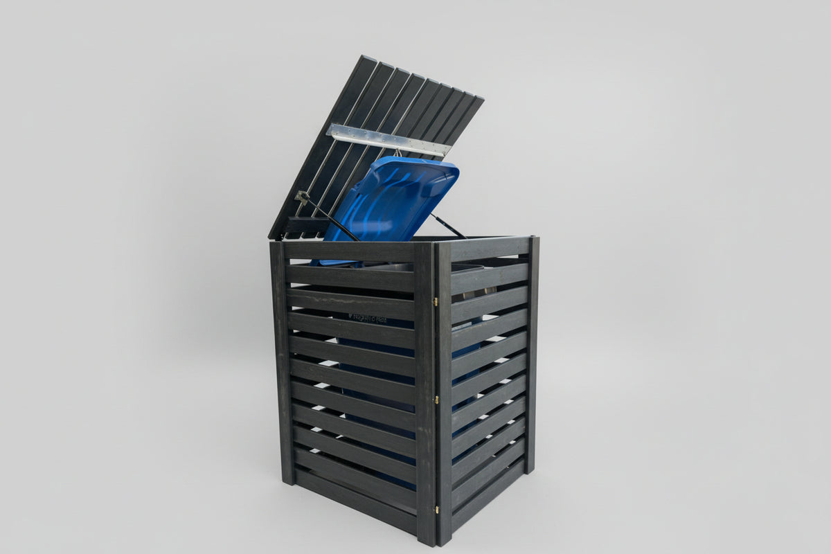 Critter-proof single garbage bin shed built with sustainable composite plastic and a reinforced aluminum frame