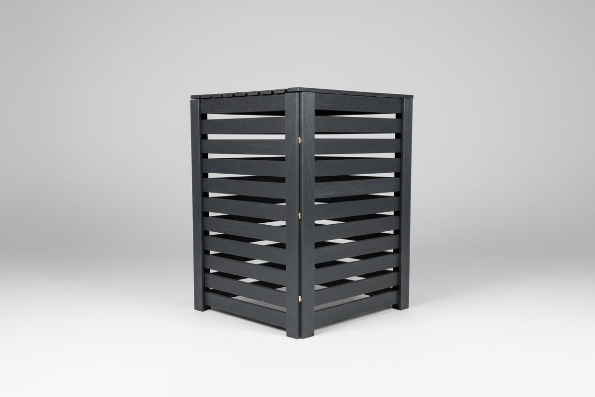 Critter-proof single garbage bin shed built with sustainable composite plastic and a reinforced aluminum frame