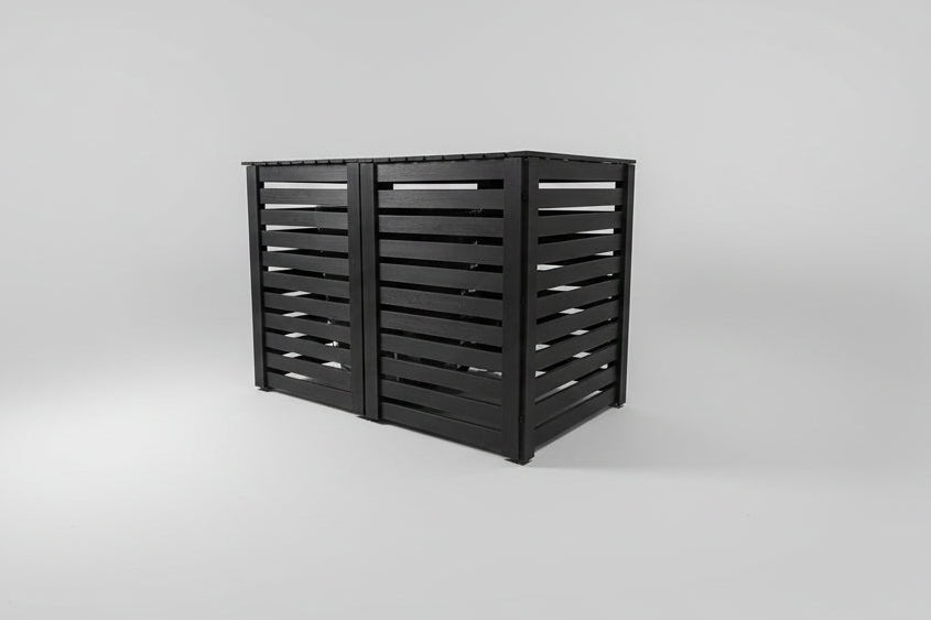 A modern, double 360-litre garbage bin enclosure made from durable recycled plastic lumber.