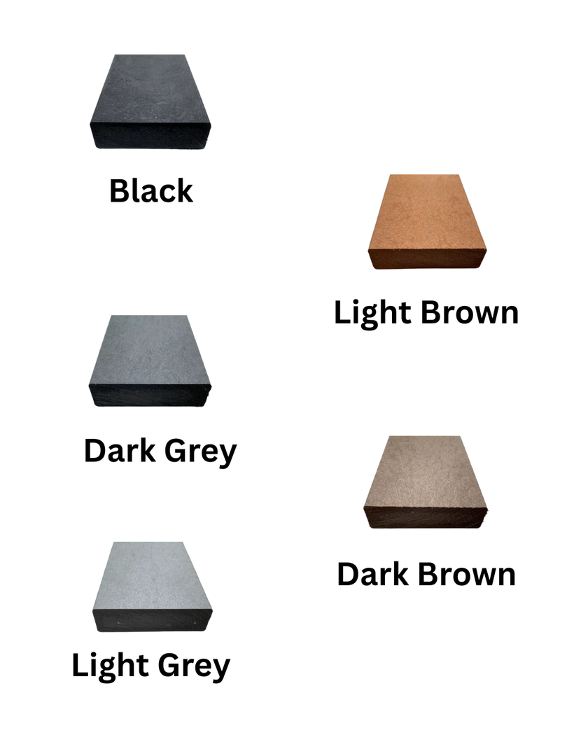 Five color swatches labeled Black, Light Brown, Dark Grey, Dark Brown, and Light Grey on a white background.