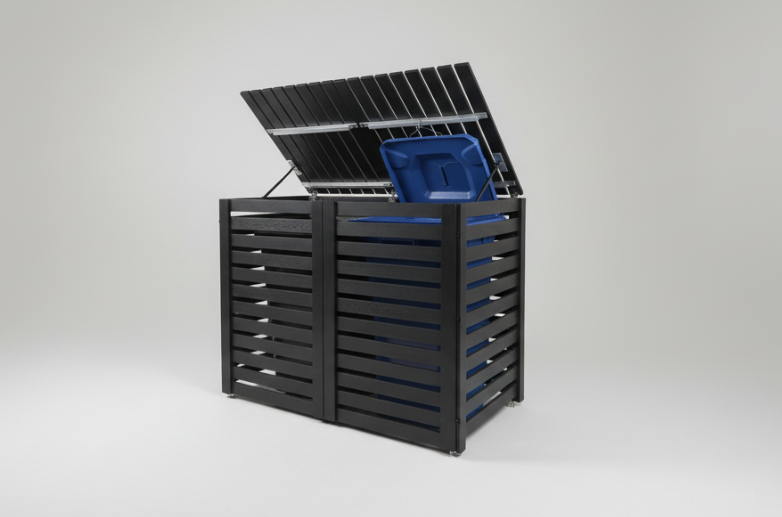 A modern, double 360-litre garbage bin enclosure made from durable recycled plastic lumber.